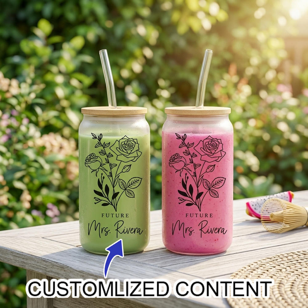 Coffee Equipment With Name - Personalized Name Glass Cup, Customized Flower